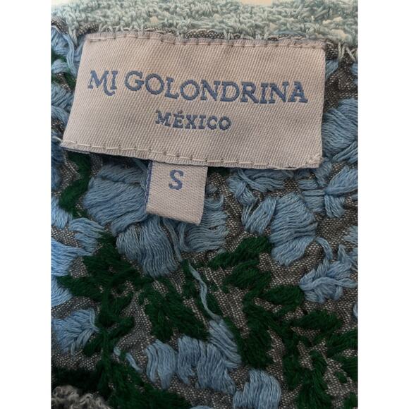 Mi Golondrina Flores Shift Mini Dress Size S Gray Blue Green Embroidery Mexico - Picture 6 of 12